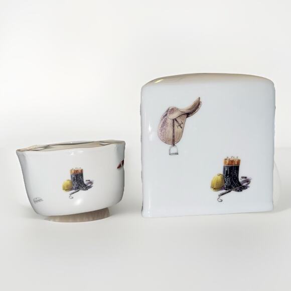 The Huntsman Brand Porcelain Tissue Box & Toothbrush Holder Equestrian Horses - Picture 1 of 9